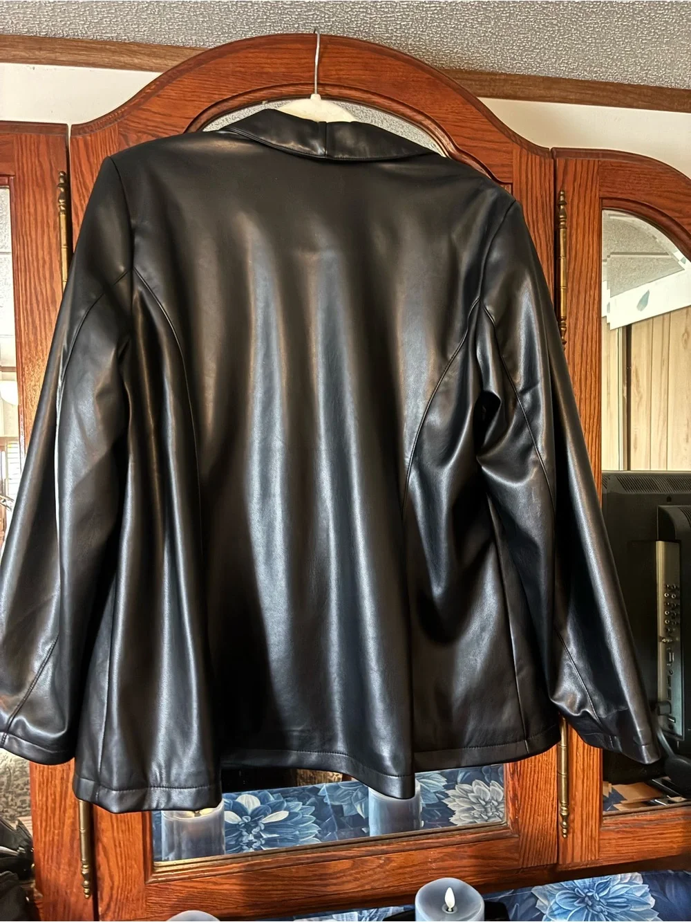 Susan Graver Black Faux Leather Blazer with Shawl Lapel